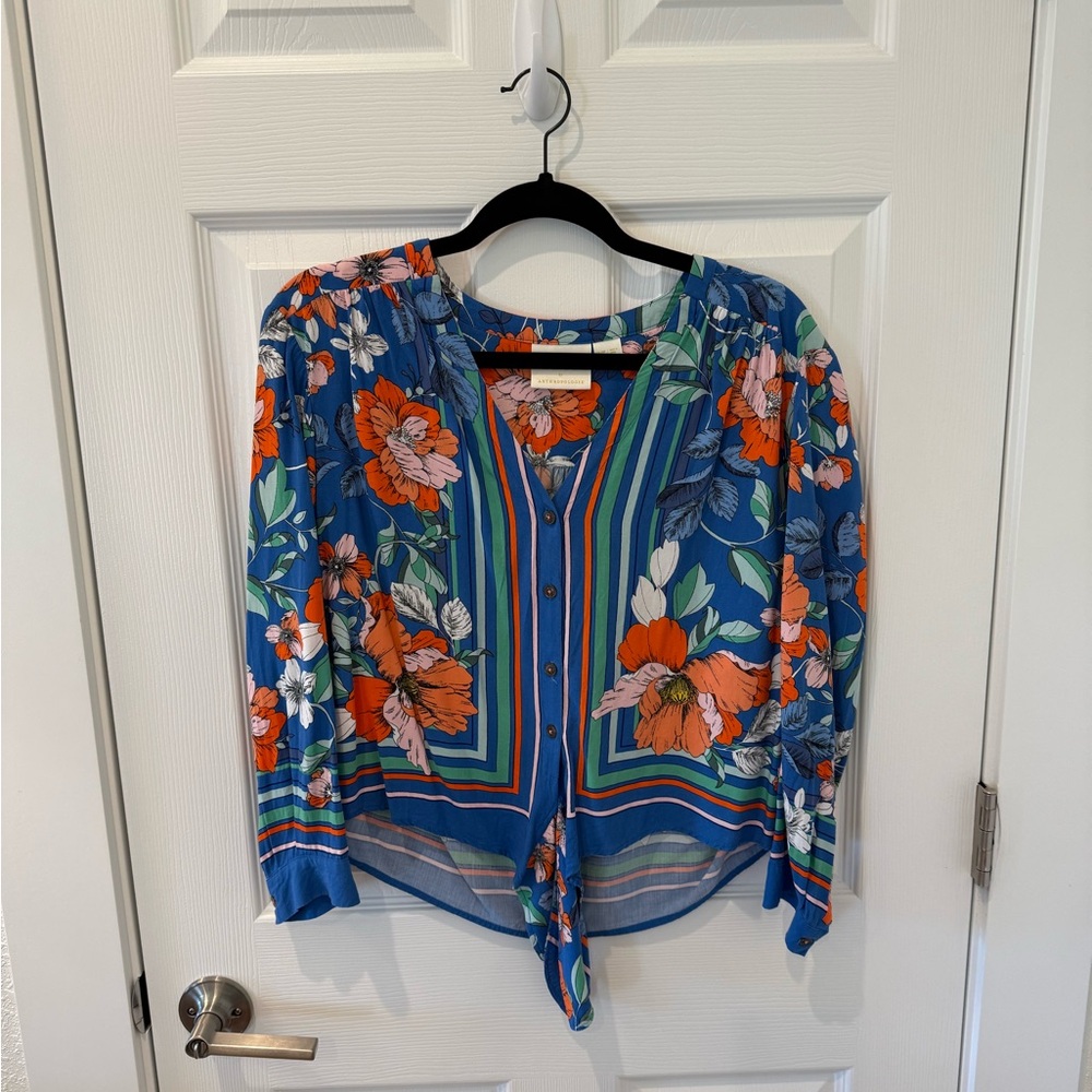 Anthropologie Blue and Orange Floral Blouse